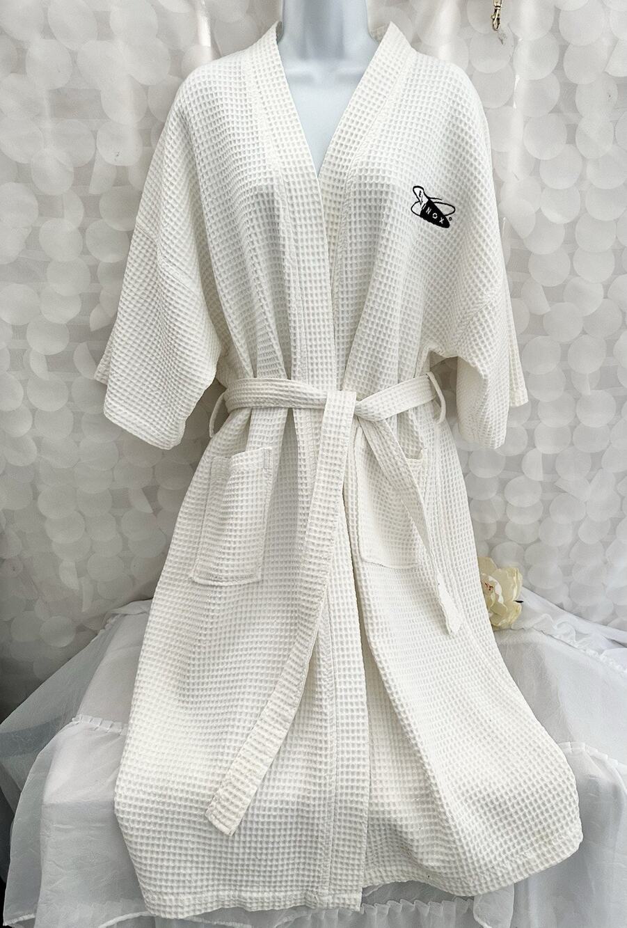 FRETTE White Waffle Weave Long Robe XL EQUINOX LOGO Unisex SPA POCKETS NEW